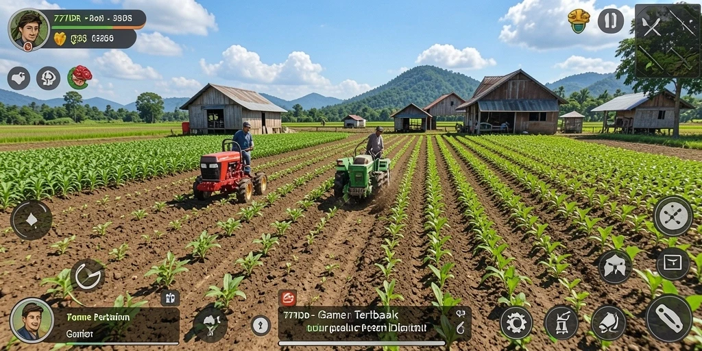Tampilan gameplay 777IDR menampilkan kebun yang subur dan interaksi sosial antar petani.