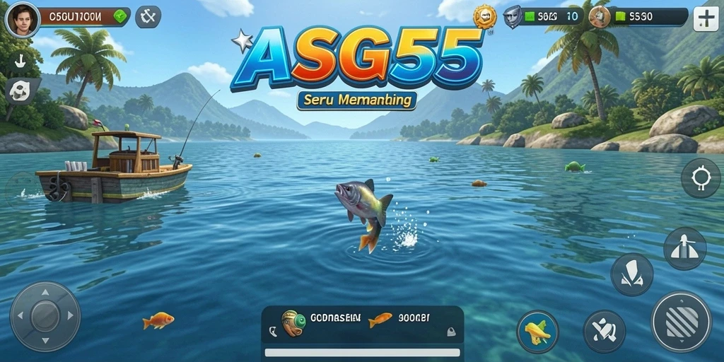 Tampilan gameplay ASG55 saat memancing di danau yang indah.
