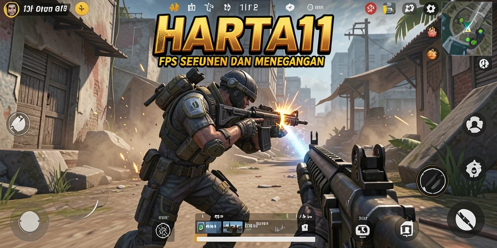 Screenshot HARTA11 menampilkan aksi intens pertarungan FPS.