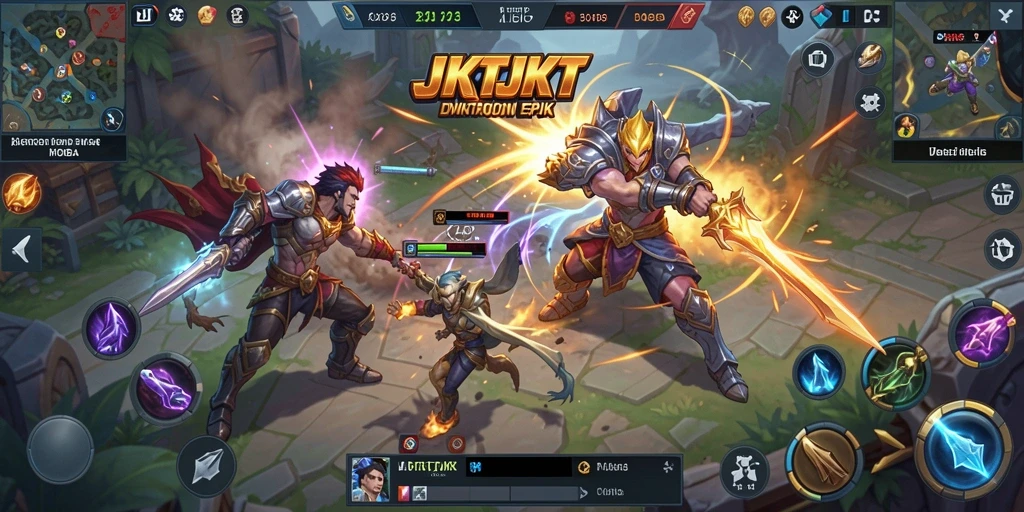 Screenshot aksi seru dalam permainan MOBA JKTJKT dengan karakter heroik.