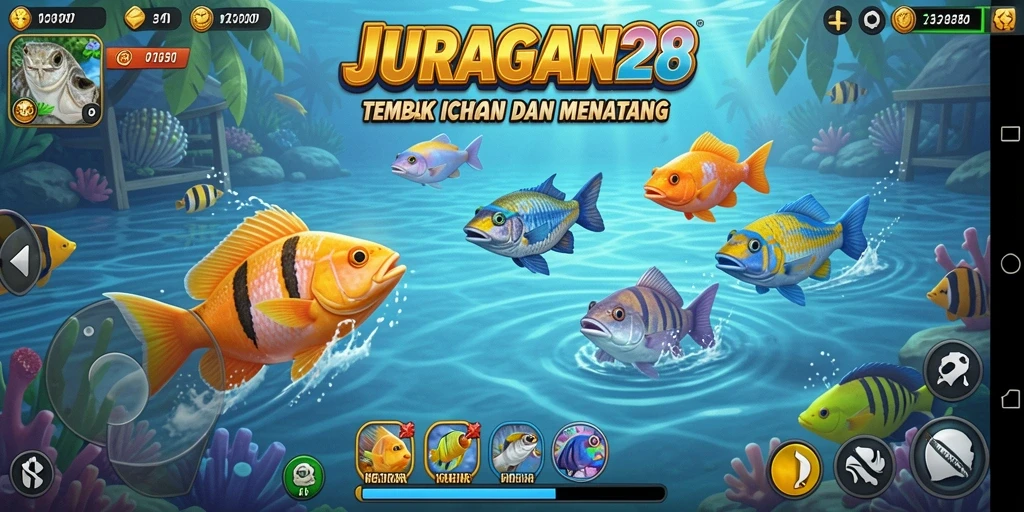 Tampilan gameplay seru di JURAGAN28 saat menembak ikan.