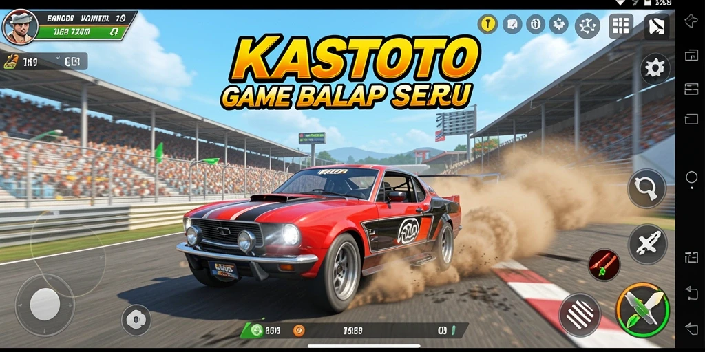 Gameplay seru KASTOTO dengan mobil balap di lintasan.