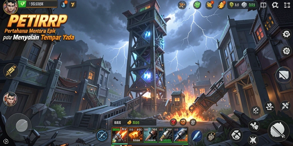 Tampilan gameplay mendebarkan dari PETIRRP dengan menara menunggu untuk bertahan.