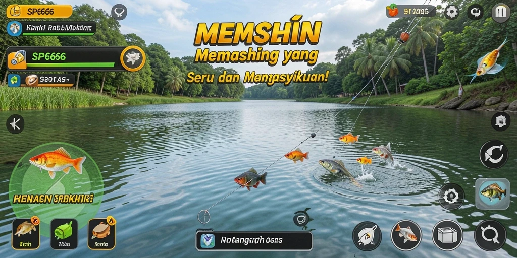 Tangkapan layar gameplay SP666 menampilkan aksi memancing yang seru dan grafis yang indah.