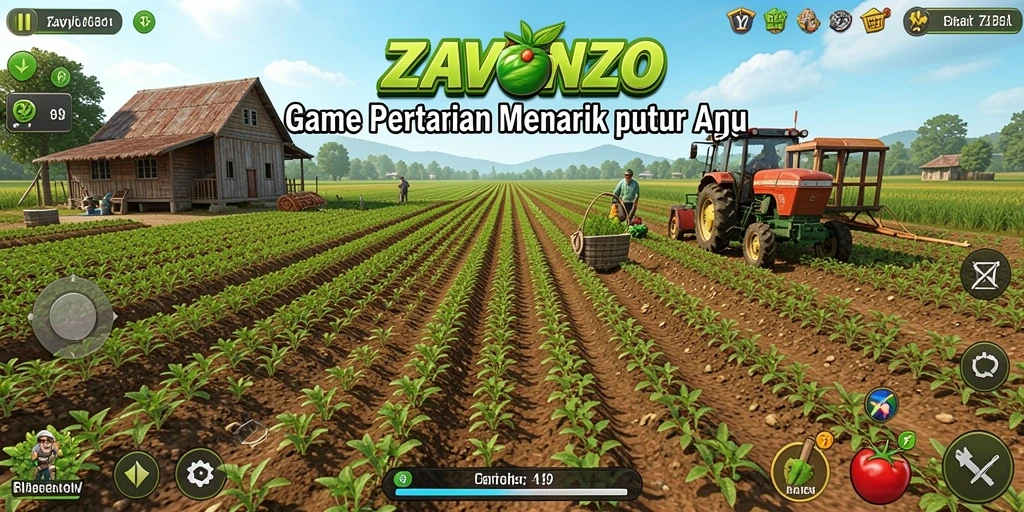 Screenshot gameplay ZAVONZO menampilkan pertanian yang indah dan interaksi pemain.